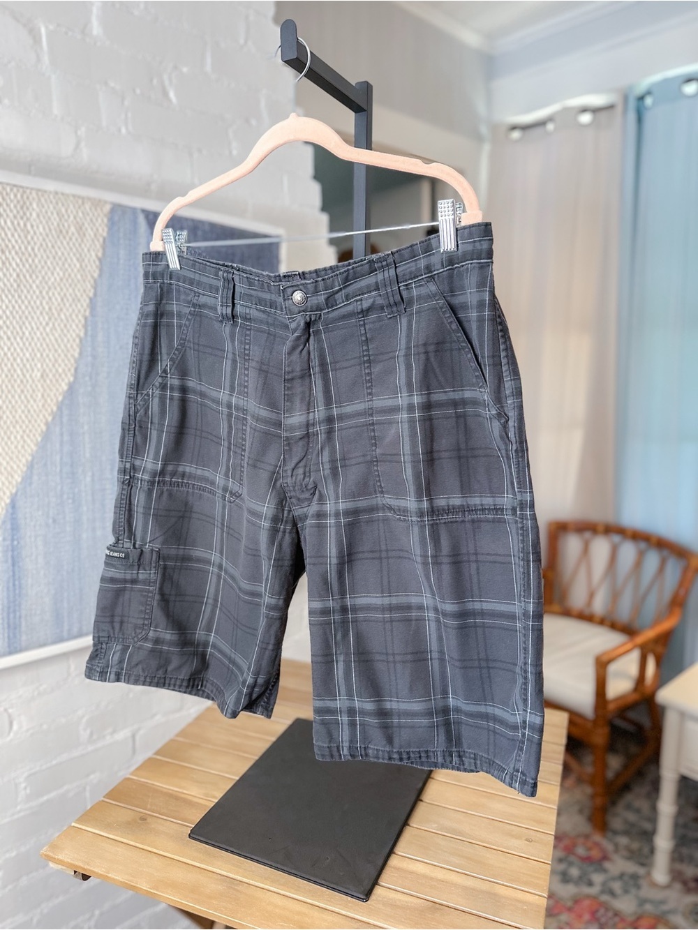 Wrangler Grey Plaid Wide Bermuda Style Shorts